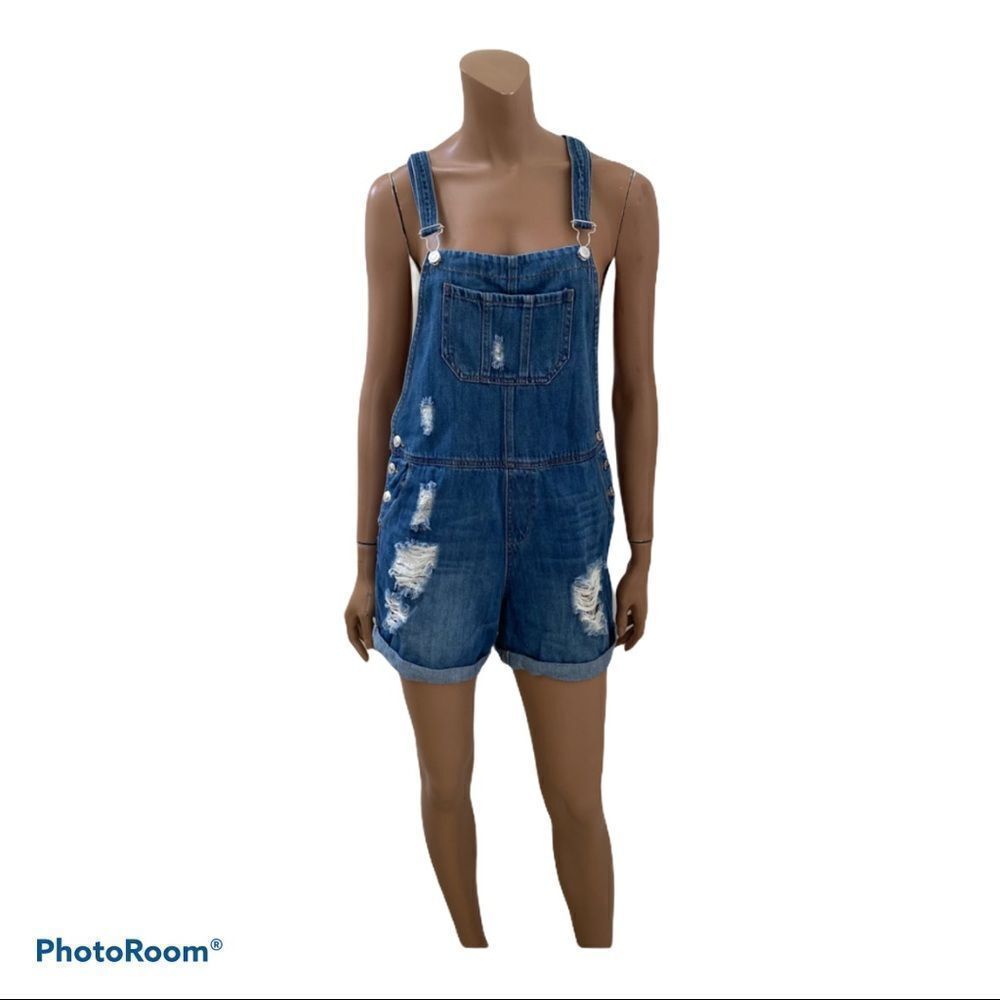 Mango Medium Wash Blue Denim Distressed Overalls M - Picture 9 of 10
